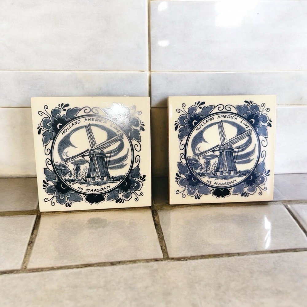 2 Vintage Holland American Line Porcelain Coasters Delft Blue Ms Maasdam